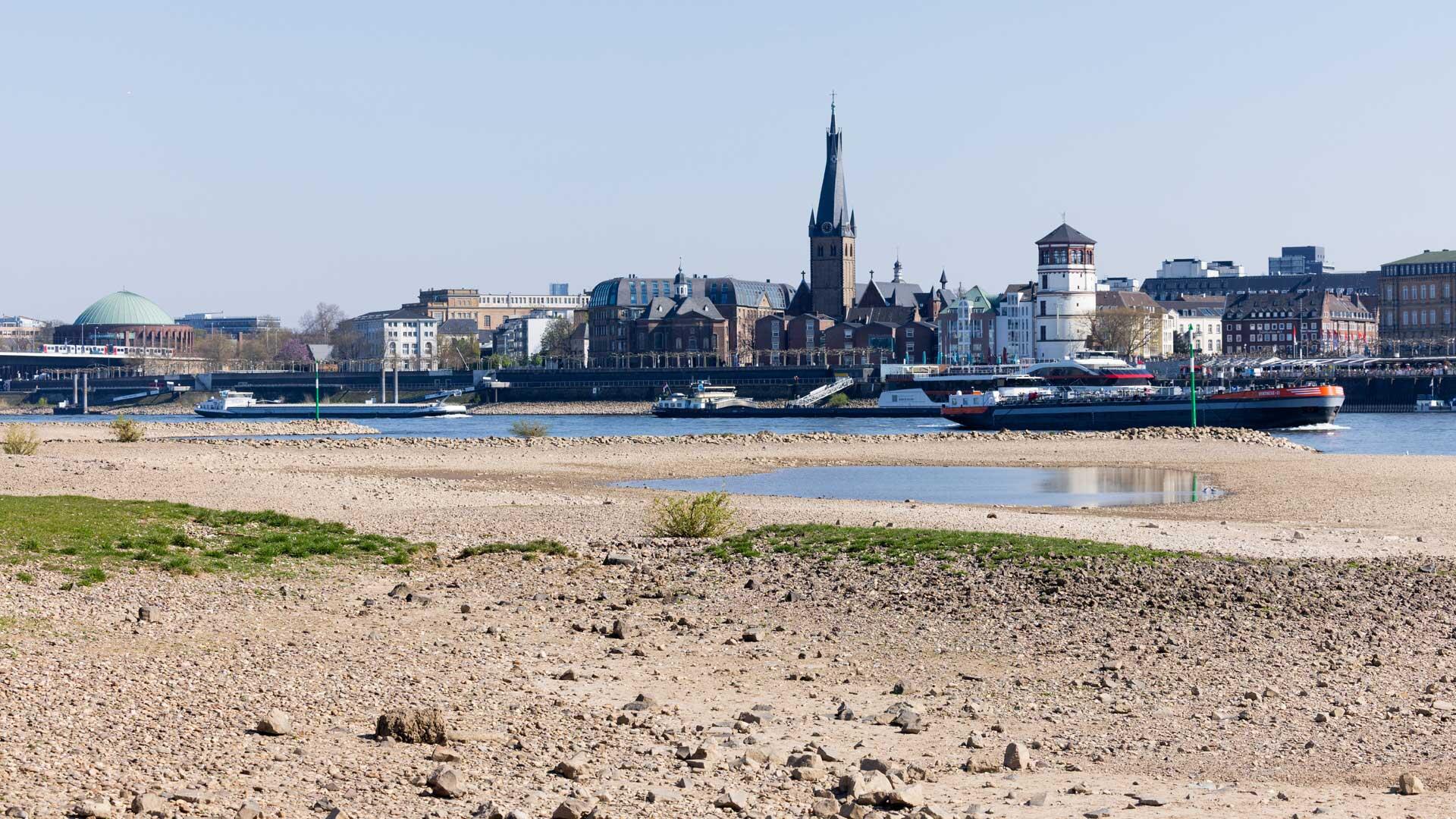 03.04.2025, Nordrhein-Westfalen, Düsseldorf: Trockenheit herrscht am Rhein in Oberkassel mit Blick auf die Altstadt. 