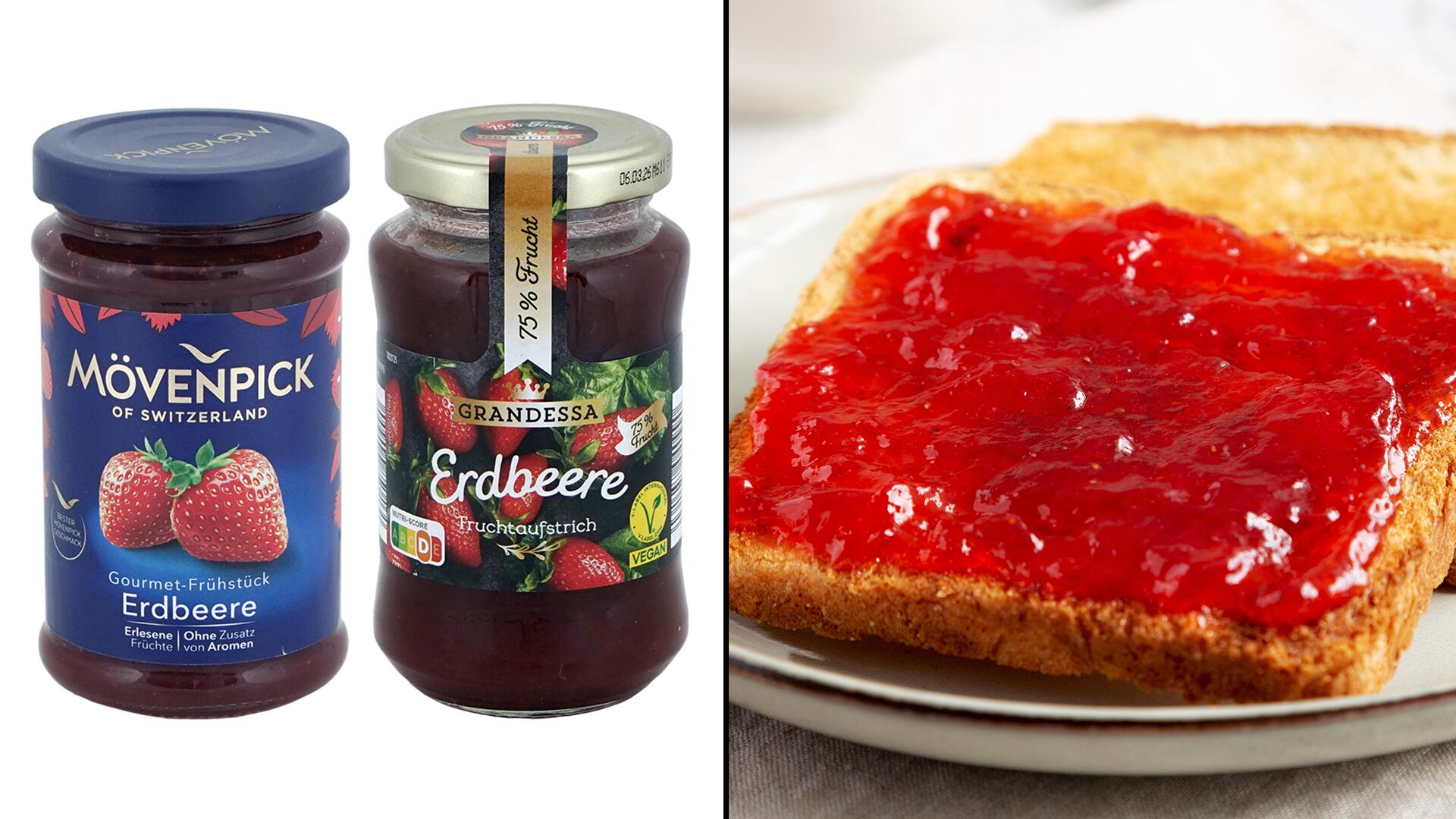 Die Erdbeermarmeladen von Mövenpick und Aldi schneiden im Test nur mit "mangelhaft" ab.