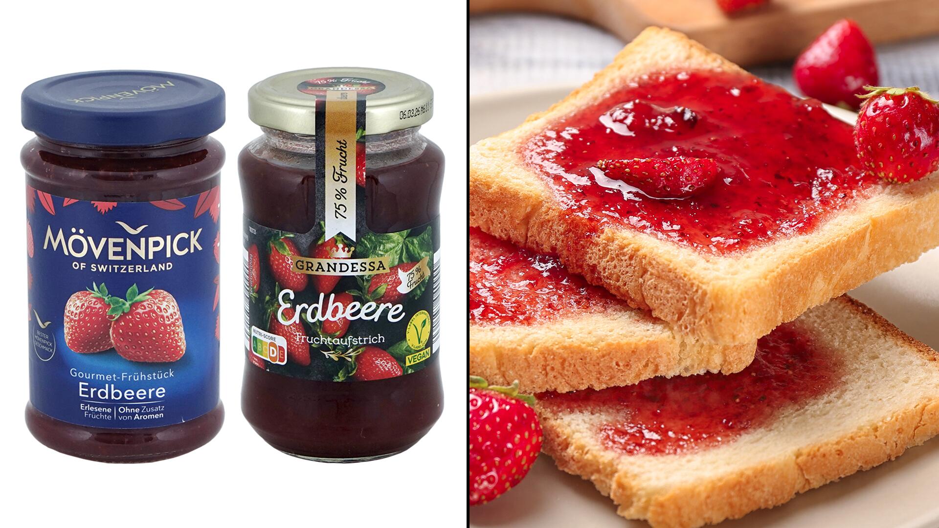 Die Erdbeermarmeladen von Mövenpick und Aldi schneiden im Test nur mit "mangelhaft" ab.