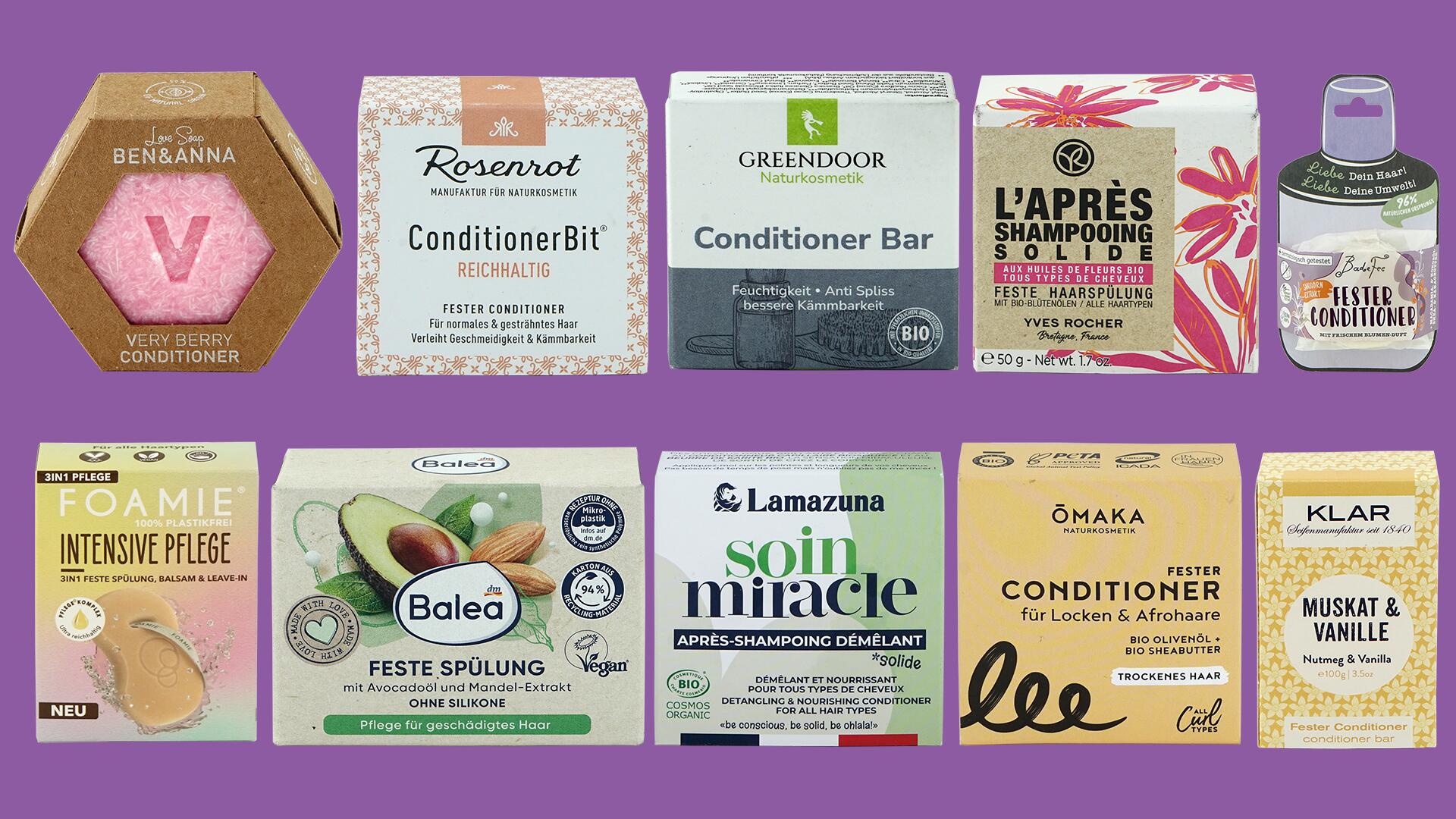 Feste Conditioner im Test: Wir haben 13 feste Haarspülungen im Labor untersuchen lassen.