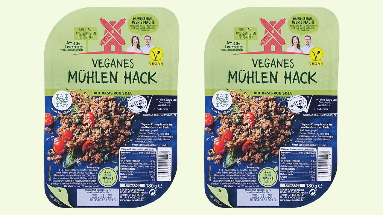 Veganes Mühlen Hack im Test: Der Fleischersatz gehört zu den Produkten, die mittelmäßig abschneiden. 