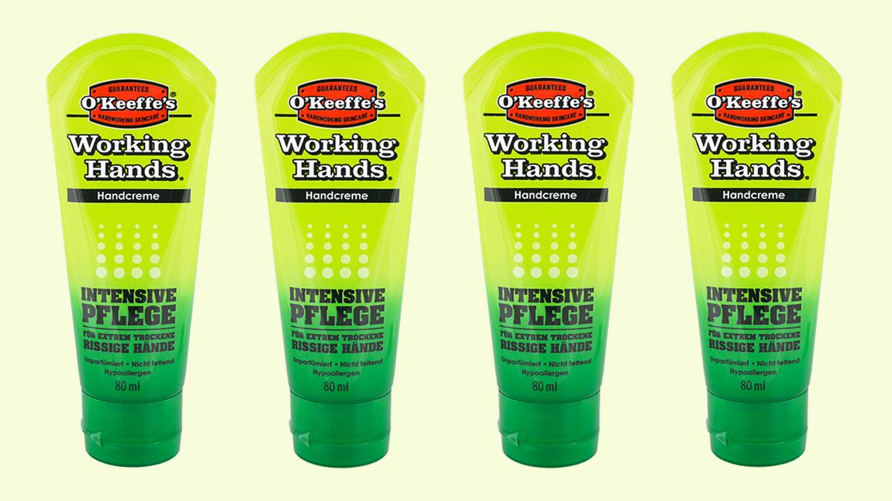 Vom Produkt O'Keeffe's Working Hands Handcreme Intensive Pflege raten wir ab: Es enthält problematische Inhaltsstoffe.