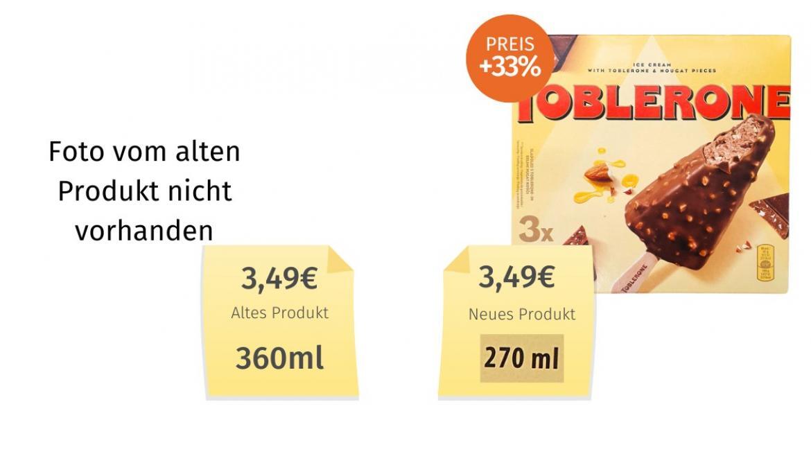 Toblerone (Froneri als Lizenznehmer von Mondelez): Vom dreieckigen Toblerone-Eis sind jetzt nur noch drei in einer Packung, der Preis bleibt gleich.