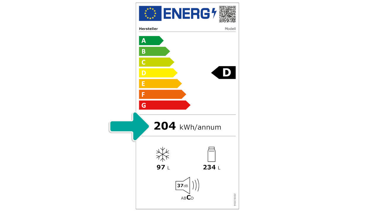 So sieht das Energielabel für Kühlschränke aus. Gesucht ist hier die Zahl "204 kWh/annum", die Auskunft über den (ungefähren) Energiebedarf gibt.