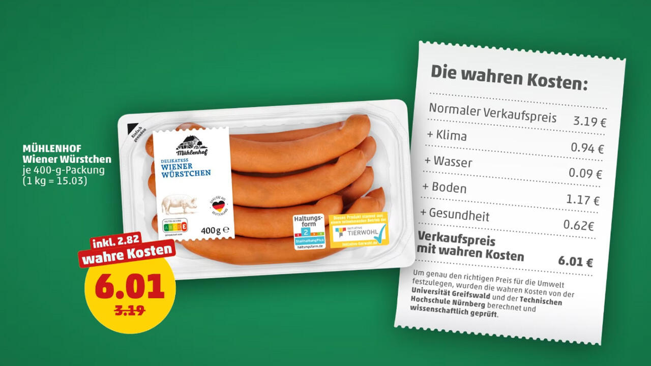 Der "wahre Preis" für Mühlenhof Wiener Würstchen: 6,01 statt 3,19 Euro.