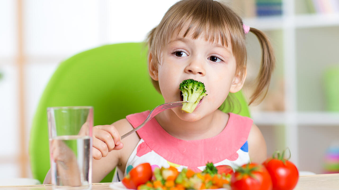 Um das Kind gesund zu ernähren, sollten reichlich Gemüse und Gemüse auf den Teller kommen.