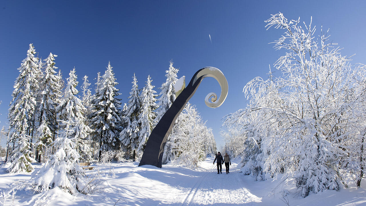 Die Kunstwerke des Waldskulpturenpfads sind auch im Winter einen Besuch wert.