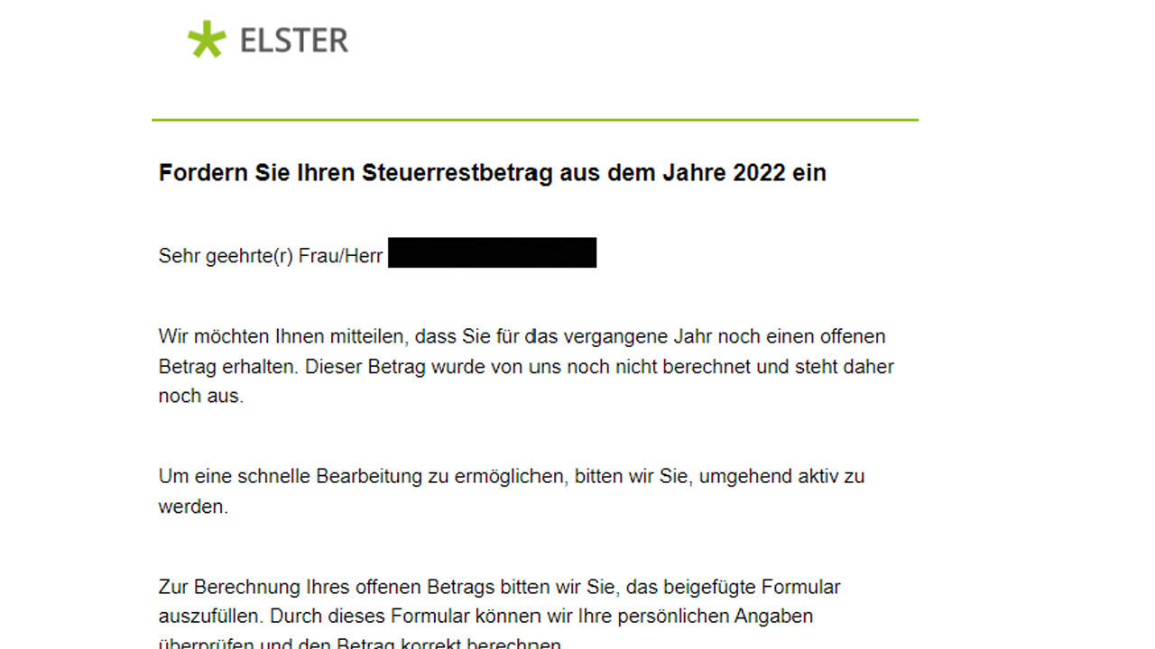 Abfrage persönlicher Daten aufgrund eines vermeintlichen Steuerrestbetrags im Namen von ELSTER.