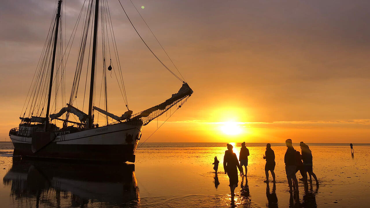 Beim Segeln auf dem Wattenmeer ist das „Trockenfallen“ ein magisches Erlebnis. Das Schiff setzt auf dem Meeresboden auf und die Gäste können auf dem Grund des Wattenmeeres spazieren gehen.