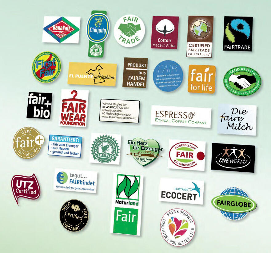 Es gibt zahlreiche Siegel für fairen Handel; das Fairtrade-Siegel (rechts oben) ist nur das bekannteste