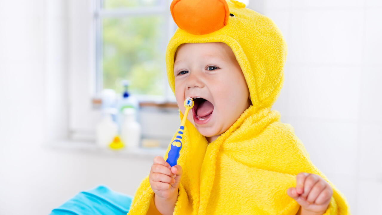 Gern darf auf einer Zahnbürste herumgekaut werden – richtig geputzt wird dann aber von Papa und Mama.