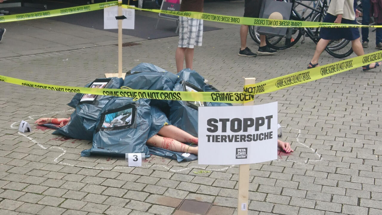 Peta setzt sich immer wieder mit spektakulären Aktionen gegen Tierversuche ein, so 2018 in Osnabrück