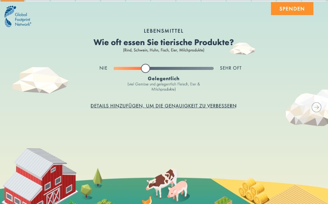 Die Webseite des Fußabdruck-Rechners von Global Footprint Network. Die Webseite des Fußabdruck-Rechners von Global Footprint Network.