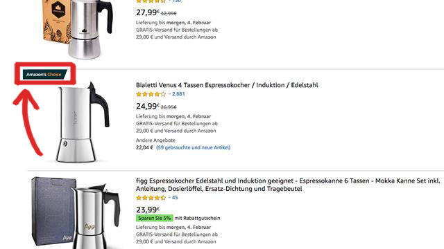 Bei den Suchergebnissen wird "Amazon's Choice" oben angezeigt Bei den Suchergebnissen wird "Amazon's Choice" oben angezeigt