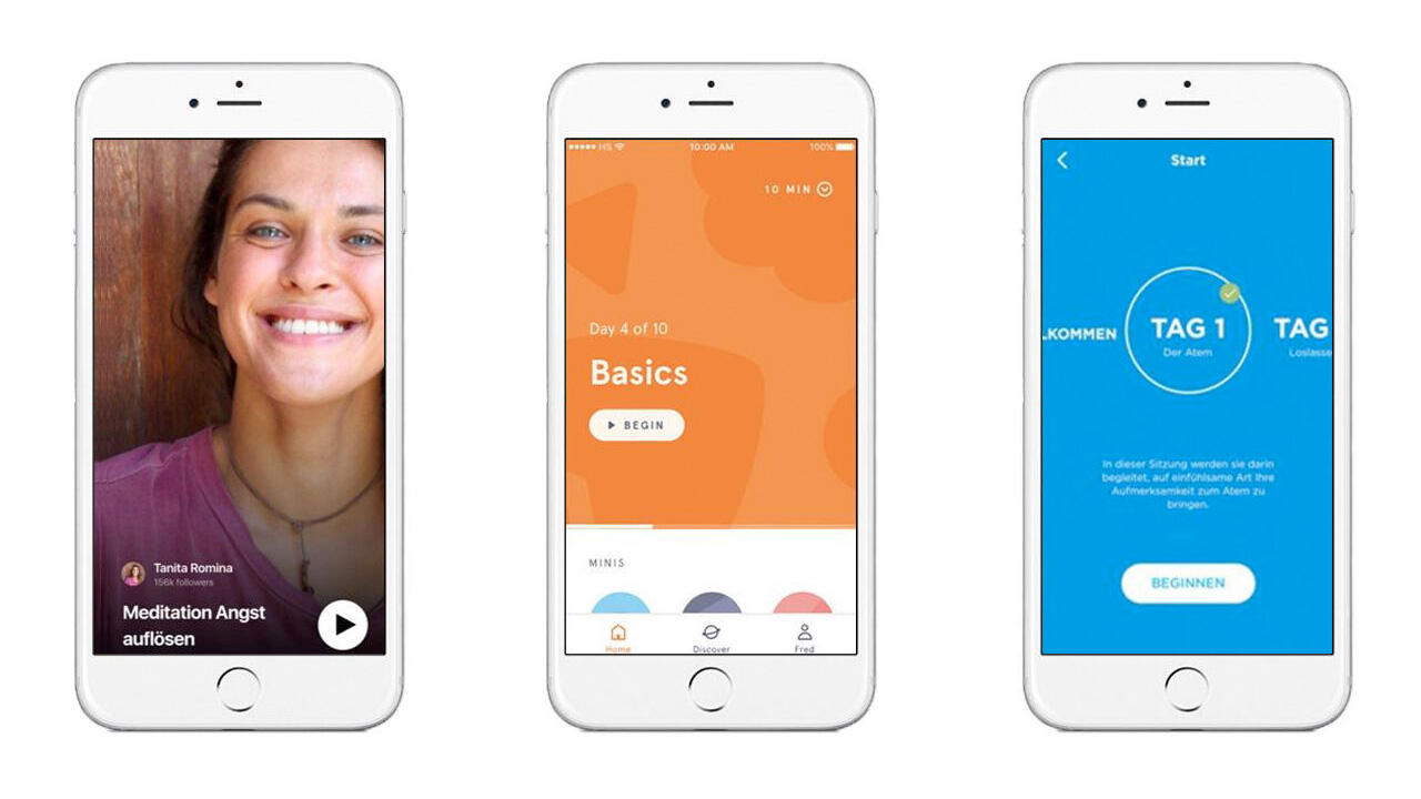 Screenshots aus den Apps Insight Timer, Headspace und Die Achtsamkeit App (v.l.n.r)