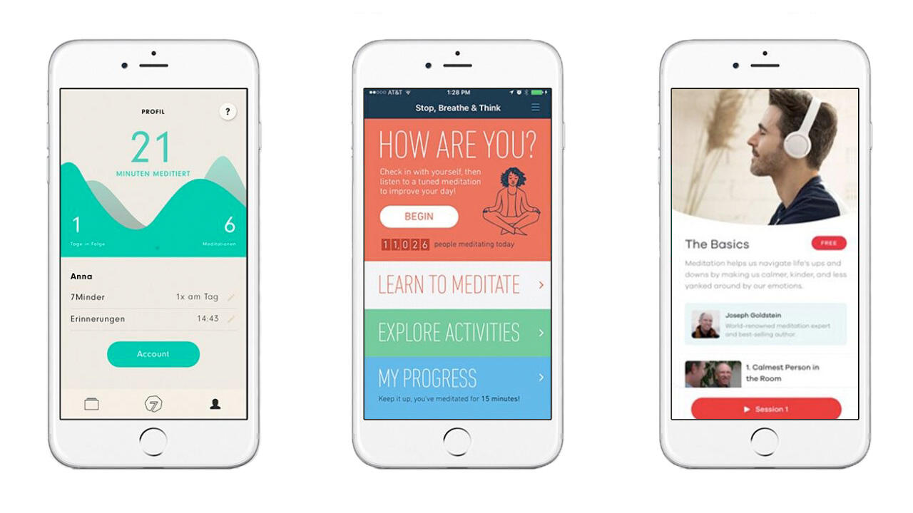 Screenshots aus den Apps 7Mind, MyLife und Ten Percent Happier (v.l.n.r)