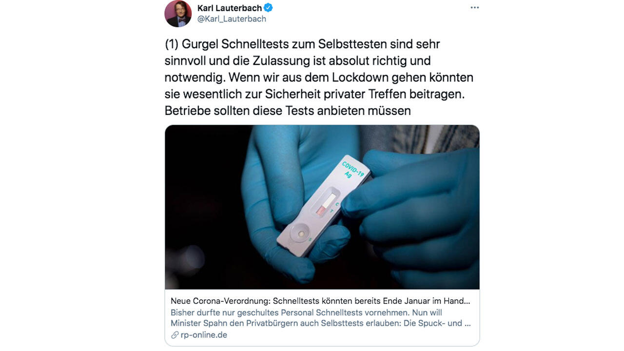 Karl Lauterbach befürwortet Gurgeltests.