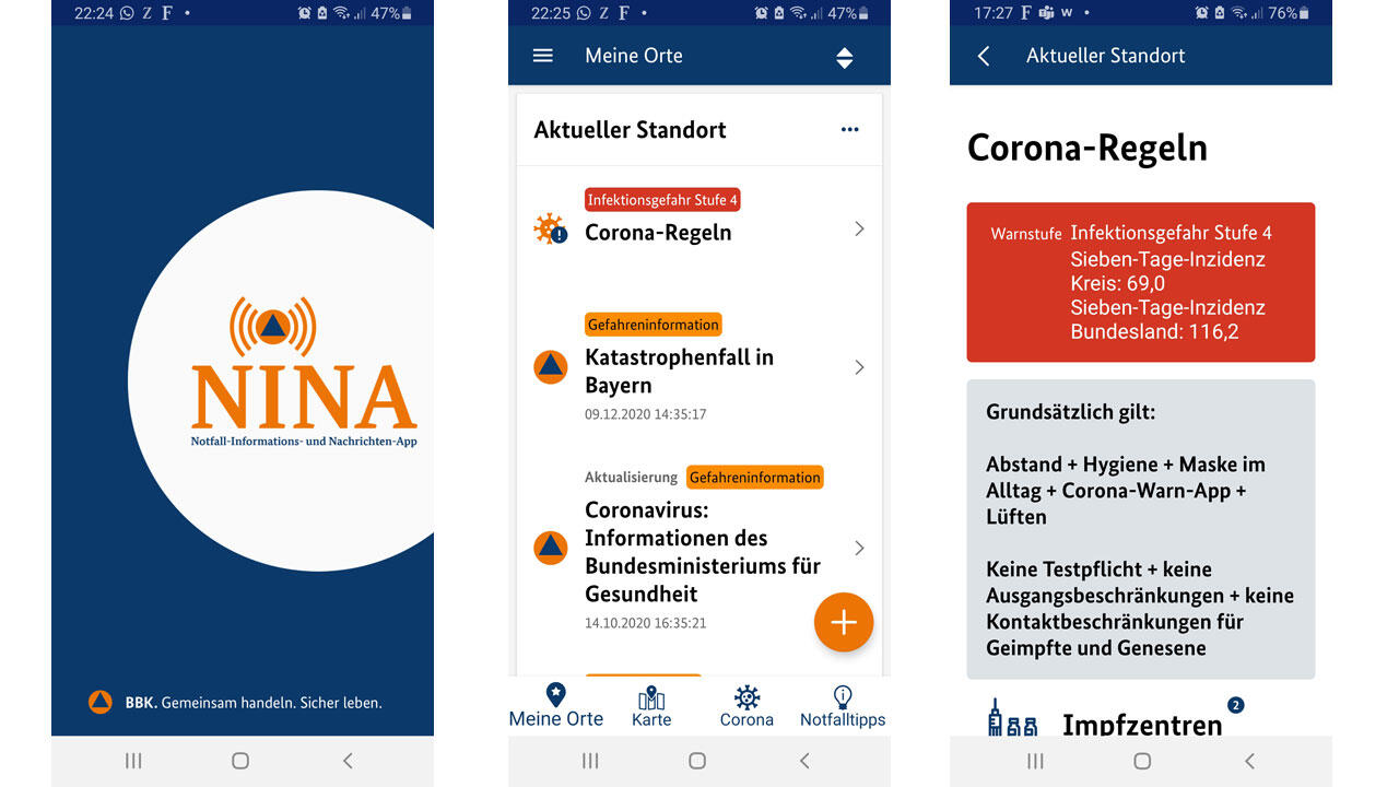 Die App des Bundesamts für Bevölkerungsschutz und Katastrophenhilfe (BBK) informiert inzwischen auch über Corona-Regeln.