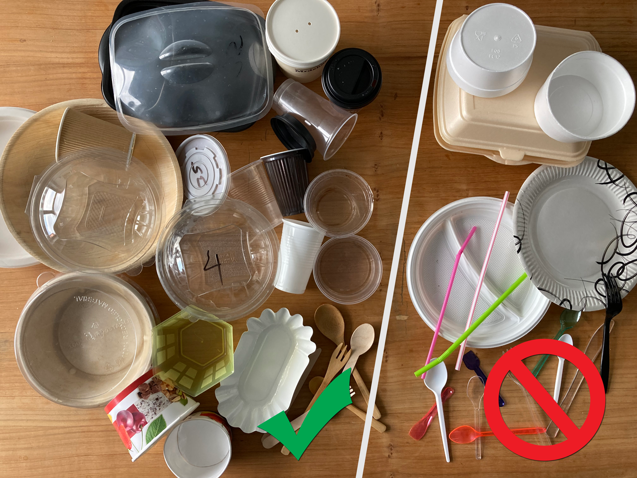 Rechts verboten, links weiterhin erlaubt: Das Foto des NABU zeigt eindrücklich auf, wie viele Einweg-Produkte aus oder mit Plastik von dem neuen Verbot nicht erfasst werden.