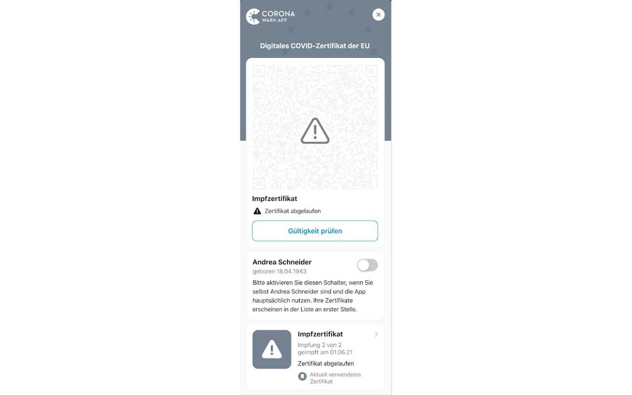 Wenn der digitale Impfpass ausläuft, lässt sich der Code in der App nicht mehr scannen. Wenn der digitale Impfpass ausläuft, lässt sich der Code in der App nicht mehr scannen.