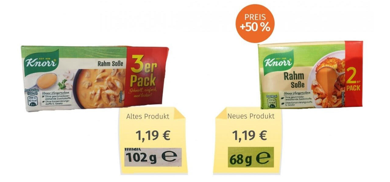 Links im Bild der Dreierpack Rahmsoße, rechts der Zweierpack: Der Preis bleibt gleich.