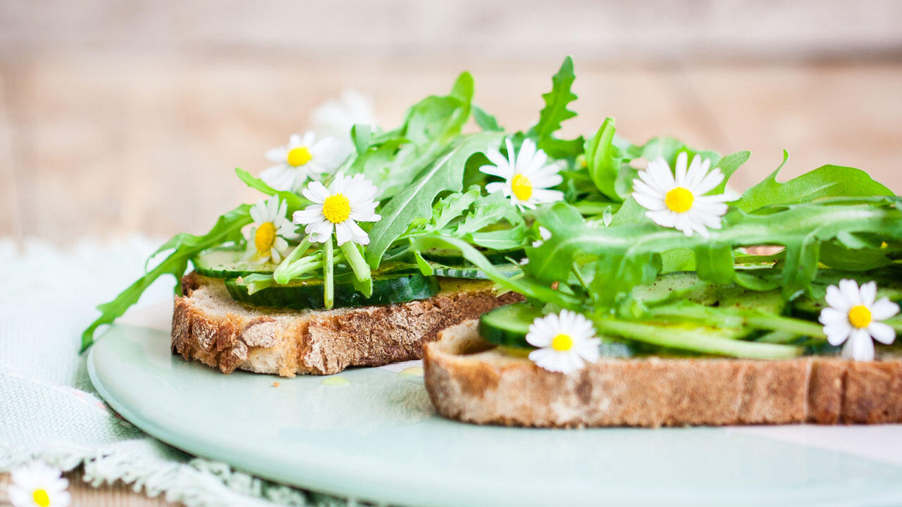 Gänseblümchen peppen Salate und ein gewöhnliches Butterbrot auf.