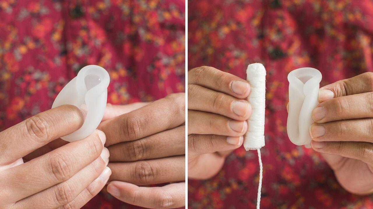 Menstruationstasse benutzen: Gefaltet lässt sich die Menstruationstasse leichter einsetzen. Menstruationstasse benutzen: Gefaltet lässt sich die Menstruationstasse leichter einsetzen.