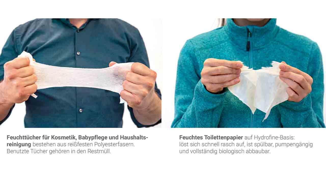 Reißprobe: Feuchttücher für Kosmetik, Babypflege und Haushaltsreinigung im Vergleich zu modernem, feuchtem Toilettenpapier.