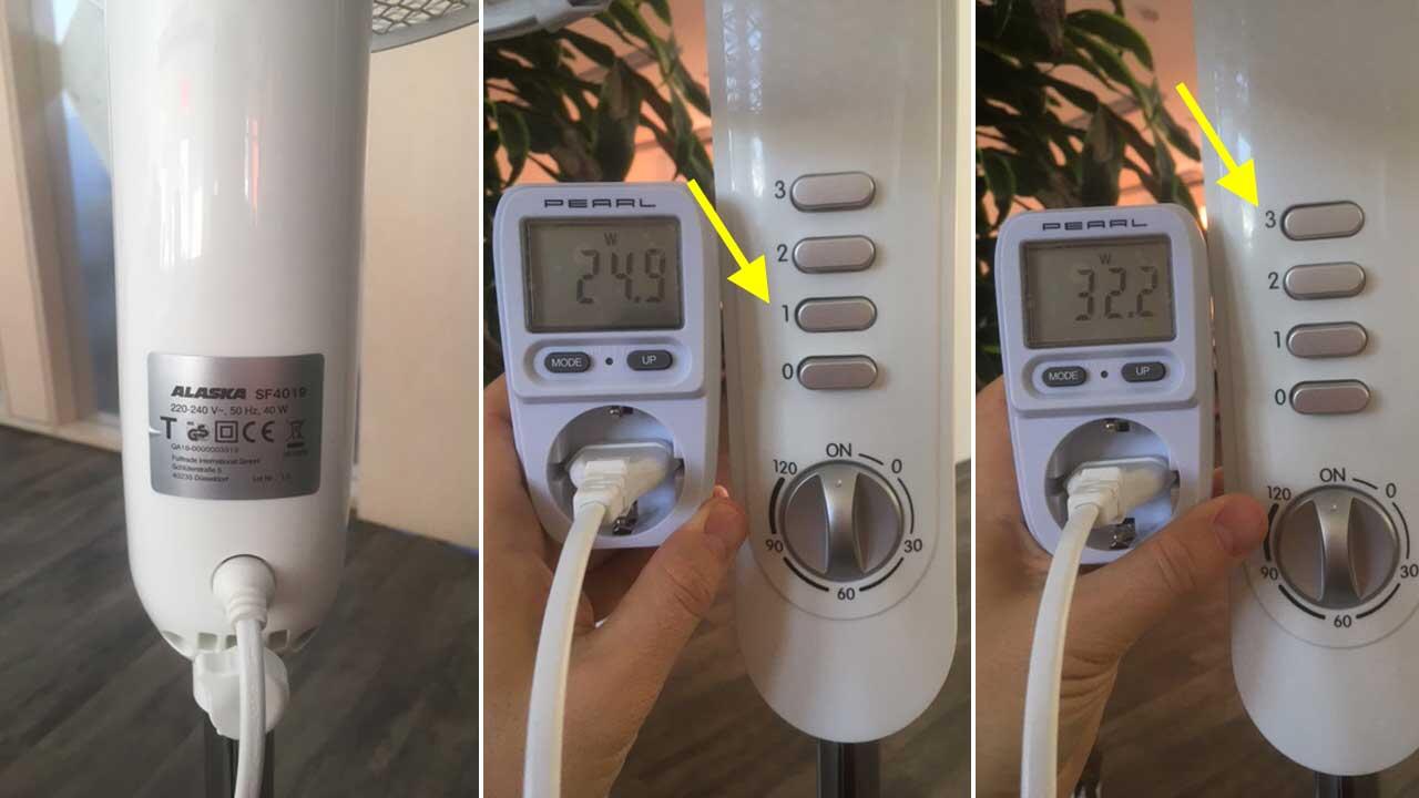 Ein Standventilator mit einer maximalen Leistungsaufnahme von 40 Watt verbraucht in unserem Beispiel rund 25 Watt in der niedrigsten Leistungsstufe 1 und rund 32 Watt in der höchsten (3). Ein Standventilator mit einer maximalen Leistungsaufnahme von 40 Watt verbraucht in unserem Beispiel rund 25 Watt in der niedrigsten Leistungsstufe 1 und rund 32 Watt in der höchsten (3).