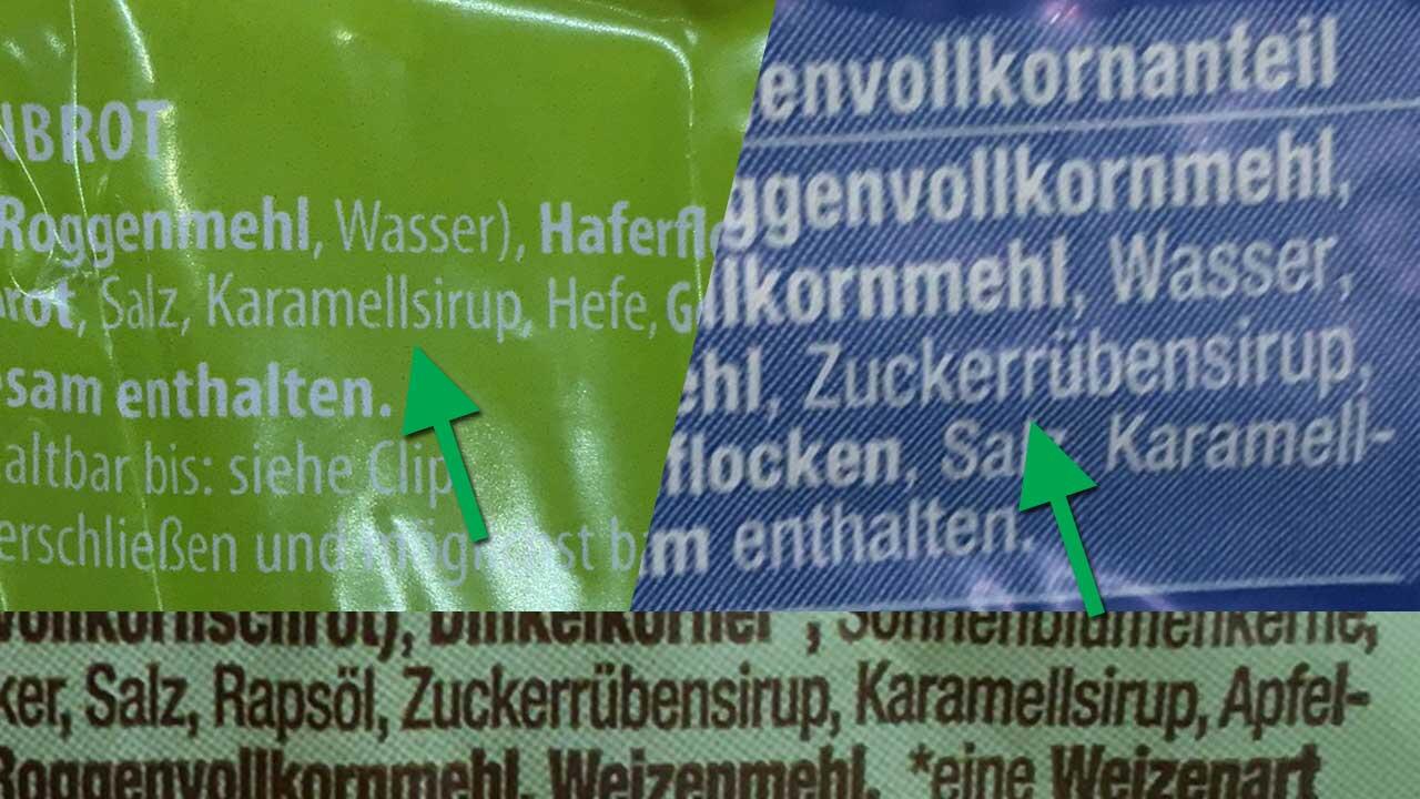 Diese drei Brote enthalten Karamellsirup, Zuckerrübensirup – oder gleich beides. Diese drei Brote enthalten Karamellsirup, Zuckerrübensirup – oder gleich beides.