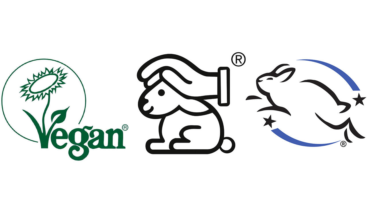 Veganblume, Hase mit der schützenden Hand und Leaping Bunny: So sehen die Labels aus.