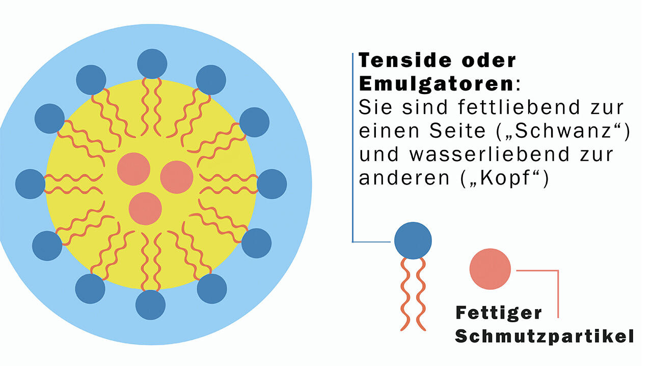 Make-up und Schmutz auf der Haut binden sich an das fettliebende Ende der im Mizellenwasser enthaltenen Tenside. Make-up und Schmutz auf der Haut binden sich an das fettliebende Ende der im Mizellenwasser enthaltenen Tenside.