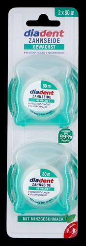 Diadent Zahnseide gewachst, fluoridhaltig mit Minzgeschmack, 2 x 80 m