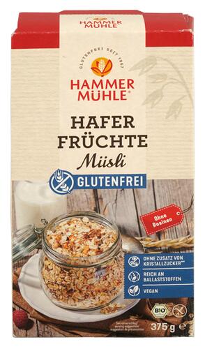 Hammermühle Hafer Früchte Müsli Glutenfrei