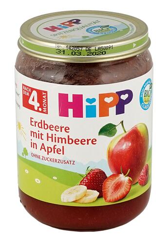 Hipp Erdbeere mit Himbeere in Apfel