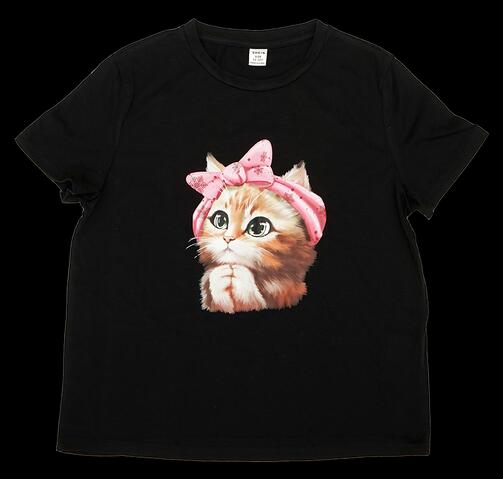 Kurzärmliges T-Shirts für Teenager-Mädchen Katzenaufdruck, schwarz, 11-12Y Kurzärmliges T-Shirts für Teenager-Mädchen Katzenaufdruck, schwarz, 11-12Y
