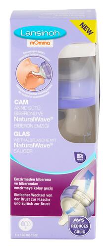 Lansinoh Glas Weithalsflasche & Natural Wave Sauger S, 160ml