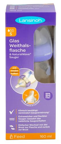 Lansinoh Glas Weithalsflasche & Natural Wave Sauger S, 160ml