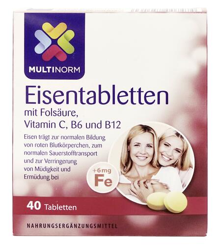 Multinorm Eisentabletten mit Folsäure, Vitamin C, B6 und B12