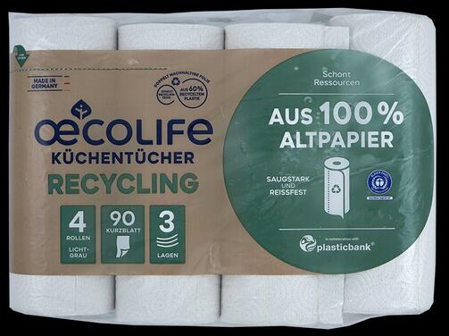 Oecolife Küchentücher Recycling, 3-lagig, 4 Rollen