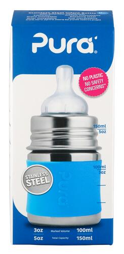 Pura Stainless Steel Infant Bottle, Aqua Sleeve, 100 ml