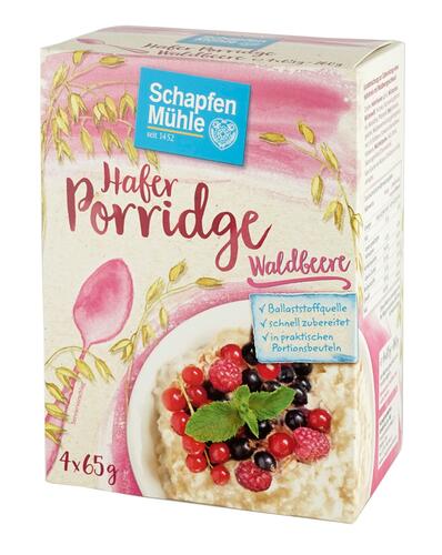 Schapfen Mühle Hafer Porridge Waldbeere, Portionsbeutel